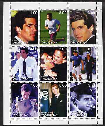 Tadjikistan 1999 John Kennedy Jnr #1 (vert format) perf sheetlet containing 9 values unmounted mint, stamps on personalities, stamps on kennedy