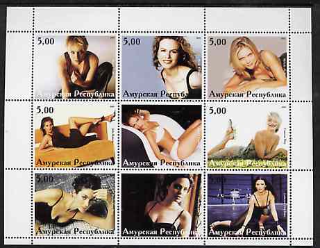 Amurskaja Republic 2001 Actresses perf sheetlet containing 9 values unmounted mint (M Pfeiffer, C Diaz, J Lopez, etc), stamps on personalities, stamps on films, stamps on cinema, stamps on entertainments, stamps on movies, stamps on women