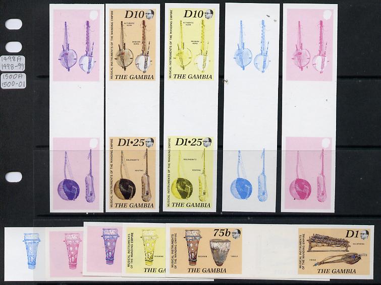 Gambia 1987 Musical Instruments the set of 4 (2 se-tenant gutter pairs folded through gutters) each x 5 imperf progressive colour proofs comprising two individual colours..., stamps on music, stamps on musical instruments