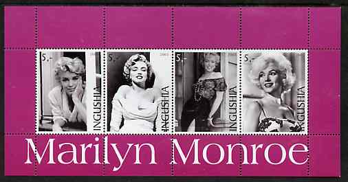 Ingushetia Republic 2003 Marilyn Monroe perf sheetlet containing set of 4 values unmounted mint, stamps on , stamps on  stamps on personalities, stamps on  stamps on women, stamps on  stamps on films, stamps on  stamps on movies, stamps on  stamps on cinema, stamps on  stamps on entertainments, stamps on  stamps on marilyn, stamps on  stamps on marilyn monroe