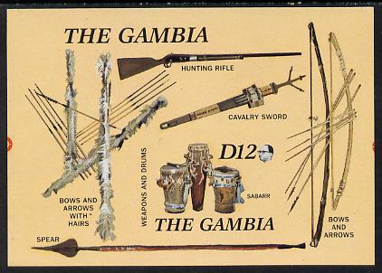 Gambia 1987 Musical Instruments (with Rifle, Bow & Arrows, Spear etc) imperf m/sheet from one of the two Format archive imperf proof sheets, as SG MS 690. NOTE - this ite..., stamps on militaria, stamps on music, stamps on musical instruments, stamps on firearms