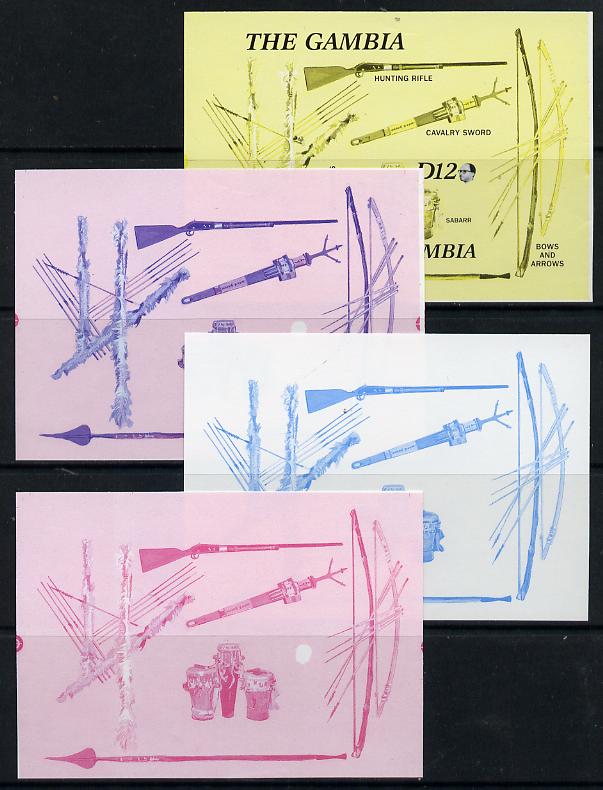 Gambia 1987 Musical Instruments m/sheet (with Rifle, Bow & Arrows, Spear etc) in set of 4 imperf progressive colour proofs comprising blue & magenta individual colours an..., stamps on militaria, stamps on music, stamps on musical instruments, stamps on firearms