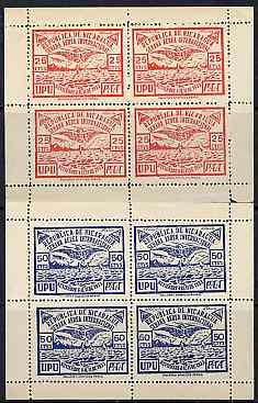 Nicaragua 1933 Aviation perf sheetlets of 4 in red & blue without gum, stamps on aviation