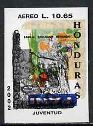 Honduras 2001 America - AIDS Awareness Campaign 10L65 Scarlet Macaw imperf proof doubly printed with Family Education stamp unmounted mint as SG1614, stamps on , stamps on  stamps on birds, stamps on  stamps on parrots, stamps on  stamps on aids, stamps on  stamps on 