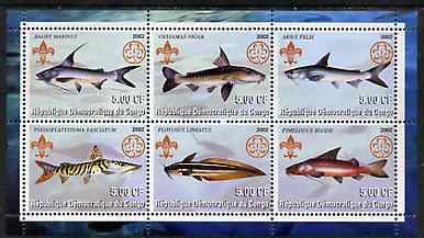 Congo 2002 Fish #1 perf sheetlet containing set of 6 values, each with Scouts & Guides Logos unmounted mint, stamps on scouts, stamps on guides, stamps on fish