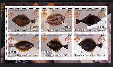 Congo 2002 Fish #3 (flat fish) perf sheetlet containing set of 6 values, each with Scouts & Guides Logos unmounted mint, stamps on scouts, stamps on guides, stamps on fish