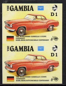 Gambia 1987 Ameripex 1d (1957 Borgward Isabella Coupe) imperf pair from the Format archive proof sheet, as SG 652*, stamps on cars, stamps on stamp exhibitions