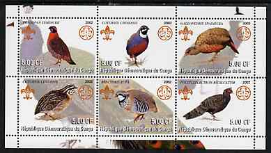 Congo 2002 Game Birds perf sheetlet containing set of 6 values, each with Scouts & Guides Logos unmounted mint, stamps on scouts, stamps on guides, stamps on birds, stamps on game, stamps on pheasants, stamps on quail