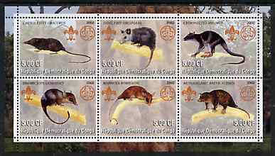 Congo 2002 Opossums perf sheetlet containing set of 6 values, each with Scouts & Guides Logos unmounted mint, stamps on scouts, stamps on guides, stamps on animals, stamps on opossums