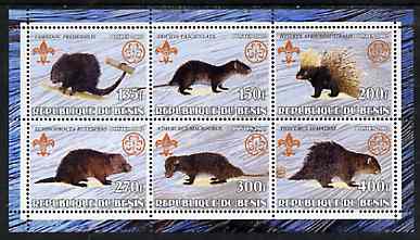 Benin 2002 Porcupines perf sheetlet containing set of 6 values, each with Scouts & Guides Logos unmounted mint, stamps on scouts, stamps on guides, stamps on animals, stamps on porcupines