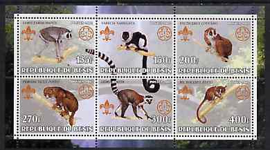 Benin 2002 Lemurs perf sheetlet containing set of 6 values, each with Scouts & Guides Logos unmounted mint, stamps on scouts, stamps on guides, stamps on animals, stamps on lemurs, stamps on apes
