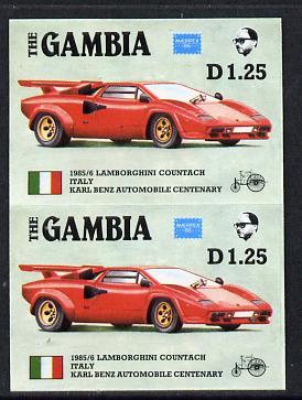 Gambia 1987 Ameripex 1d25 (1985 Lamborghini) imperf pair from the Format archive proof sheet, as SG 653*, stamps on cars, stamps on stamp exhibitions, stamps on lamborghini