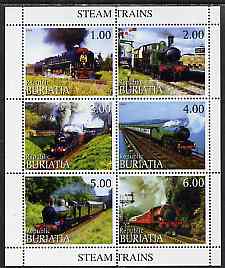 Buriatia Republic 1999 Steam Trains sheetlet containing complete set of 6 values unmounted mint, stamps on railways