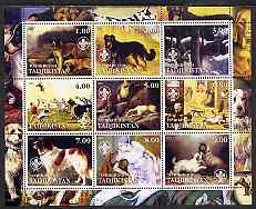 Tadjikistan 2002 Paintings with Dogs #2 perf sheetlet containing 9 values, each with Scouts Logo unmounted mint, stamps on , stamps on  stamps on arts, stamps on  stamps on dogs, stamps on  stamps on scouts