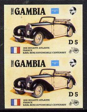 Gambia 1987 Ameripex 5d (1936 Bugatti) imperf pair from the Format archive proof sheet, as SG 656*, stamps on cars, stamps on stamp exhibitions, stamps on bugatti
