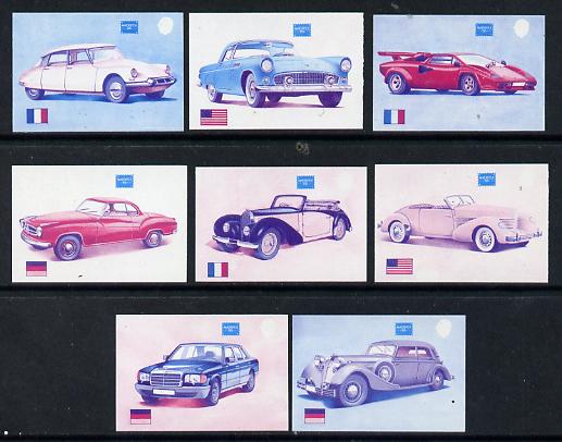 Gambia 1987 Ameripex (Cars) the set of 8 each imperf and printed in magenta & blue colours only, ex Format archive proof sheet, as SG 650-57. NOTE - this item has been se..., stamps on cars, stamps on stamp exhibitions, stamps on ford    horch    borgward    bugatti     lamborghini     mercedes     citroen      cord