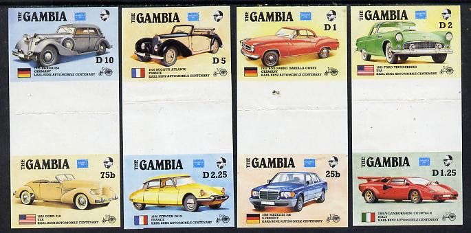 Gambia 1987 Ameripex (Cars) the set of 8 in imperf se-tenant gutter pairs (4 pairs folded through gutters) ex Format archive proof sheet, as SG 650-57, stamps on cars, stamps on stamp exhibitions, stamps on ford    horch    borgward    bugatti     lamborghini     mercedes     citroen      cord