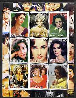 Tadjikistan 2000 Elizabeth Taylor perf sheetlet containing 9 values unmounted mint , stamps on personalities, stamps on entertainments, stamps on films, stamps on cinema, stamps on movies, stamps on women