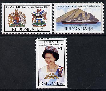 Antigua - Redonda 1985 Royal Visit set of 3 (The Queen, Royal Arms & HMY Britannia) unmounted mint, stamps on arms, stamps on heraldry, stamps on royalty, stamps on ships, stamps on royal visit, stamps on unicorns, stamps on scots, stamps on scotland