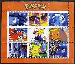 Turkmenistan 2000 Pokemon perf sheetlet containing 9 values unmounted mint, stamps on entertainments, stamps on pokemon, stamps on children, stamps on cartoons, stamps on films, stamps on cinema, stamps on 