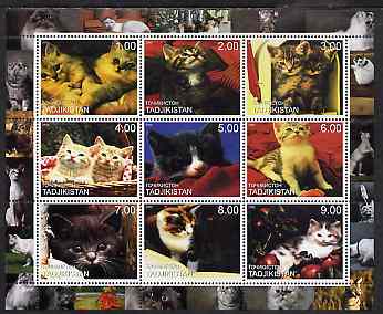 Tadjikistan 2000 Domestic Cats perf sheetlet containing 9 values unmounted mint , stamps on cats