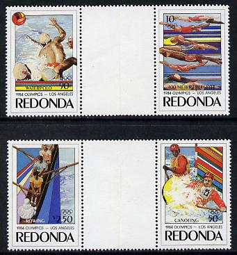 Antigua - Redonda 1984 Olympic Games (Canoeing, Rowing, Water Polo & Swimming) set of 4 in 2 se-tenant gutter pairs (folded through gutters but rare being from the Format archive sheet) unmounted mint, stamps on olympics  sport  swimming    rowing    water polo