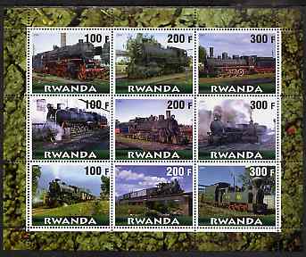 Rwanda 2000 Steam Locos #1 (horiz format) perf sheetlet containing 9 values unmounted mint , stamps on transport, stamps on railways