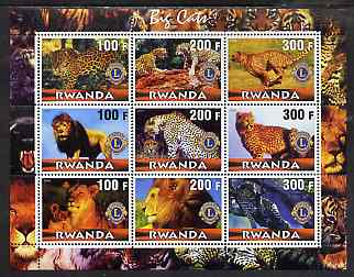 Rwanda 2001 Big Cats perf sheetlet containing 9 values each with Lions International Logo, unmounted mint, stamps on cats, stamps on lions, stamps on lions int
