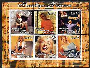 Congo 2001 Marilyn Monroe #2 perf sheetlet containing 6 values unmounted mint, stamps on personalities, stamps on movies, stamps on films, stamps on cinema, stamps on marilyn, stamps on monroe