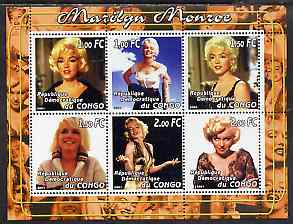 Congo 2001 Marilyn Monroe #3 perf sheetlet containing 6 values unmounted mint, stamps on personalities, stamps on movies, stamps on films, stamps on cinema, stamps on marilyn, stamps on monroe