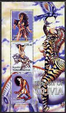 Turkmenistan 2001 Fantasy Art of Olivia perf sheetlet containing 3 values unmounted mint, stamps on arts, stamps on women, stamps on nudes, stamps on fantasy