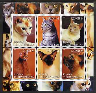 Turkmenistan 2000 Domestic Cats #1 perf sheetlet containing 6 values unmounted mint, stamps on , stamps on  stamps on cats