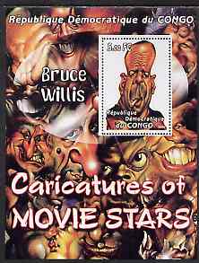 Congo 2001 Caricatures of Movie Stars - Bruce Willis perf souvenir sheet unmounted mint , stamps on personalities, stamps on entertainments, stamps on films, stamps on cinema, stamps on movies