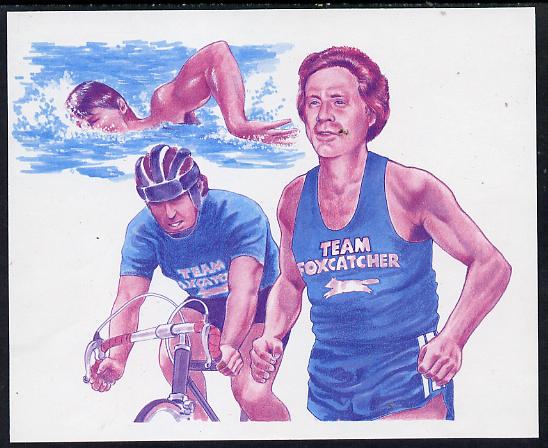 Antigua - Redonda 1987 Capex $5 m/sheet (unissued) showing Triathlete John duPont Running, Swimming & Cycling imperf proof printed in magenta & blue only (ex Format archi..., stamps on bicycles, stamps on stamp exhibitions, stamps on sport, stamps on swimming, stamps on running, stamps on triathlon, stamps on wrestling