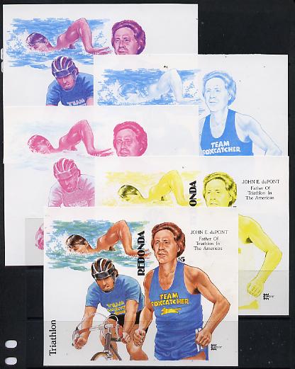 Antigua - Redonda 1987 Capex $5 m/sheet (unissued) showing Triathlete John duPont imperf set of 5 progressive proofs comprising two individual colours, two 2-colour composites plus all 4 colours (minor wrinkles but scarce Ex Format) unmounted mint, stamps on bicycles, stamps on stamp exhibitions, stamps on sport, stamps on swimming, stamps on running, stamps on triathlon, stamps on wrestling