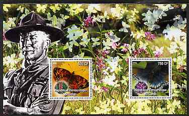 Congo 2004 Butterflies #1 perf sheetlet containing 2 values with Baden Powell in background, unmounted mint, stamps on butterflies, stamps on scouts