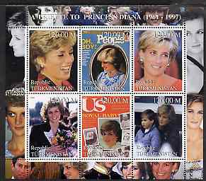 Turkmenistan 2000 A Tribute to Princess Diana #2 perf sheetlet containing 6 values unmounted mint , stamps on personalities, stamps on royalty, stamps on diana