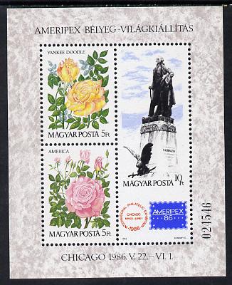 Hungary 1986 Ameripex Stamp Exhibition m/sheet (Roses & Statue of George Washington) unmounted mint SG MS 3697, stamps on arts    constitutions  flowers   roses    personalities     stamp exhibitions    statues    usa-presidents