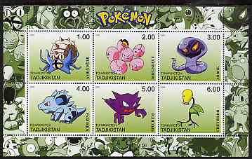 Tadjikistan 2000 Pokemon #6 perf sheetlet containing 6 values unmounted mint , stamps on pokemon, stamps on children, stamps on cartoons, stamps on films, stamps on cinema