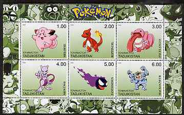 Tadjikistan 2000 Pokemon #8 perf sheetlet containing 6 values unmounted mint , stamps on pokemon, stamps on children, stamps on cartoons, stamps on films, stamps on cinema