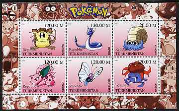 Turkmenistan 2000 Pokemon #3 perf sheetlet containing 6 values unmounted mint , stamps on pokemon, stamps on children, stamps on cartoons, stamps on films, stamps on cinema