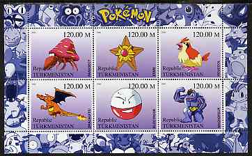 Turkmenistan 2000 Pokemon #5 perf sheetlet containing 6 values unmounted mint , stamps on pokemon, stamps on children, stamps on cartoons, stamps on films, stamps on cinema