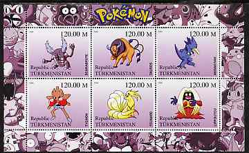 Turkmenistan 2000 Pokemon #7 perf sheetlet containing 6 values unmounted mint , stamps on pokemon, stamps on children, stamps on cartoons, stamps on films, stamps on cinema