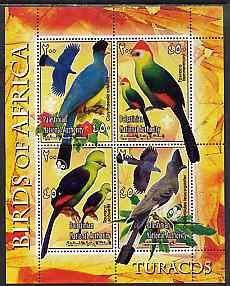 Palestine (PNA) 2005 Birds of Africa - Turacos perf sheetlet containing 4 values each with Scout Logo unmounted mint. Note this item is privately produced and is offered ..., stamps on birds, stamps on turacos, stamps on scouts