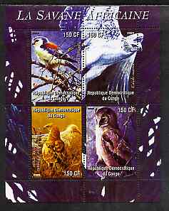 Congo 2004 Birds - La Savane Africaine perf sheetlet containing 4 values unmounted mint , stamps on birds, stamps on birds of prey, stamps on owls