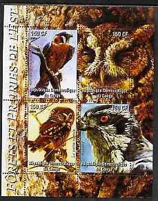 Congo 2004 Birds - Forets et Prairies de L'Est perf sheetlet containing 4 values unmounted mint , stamps on birds, stamps on birds of prey, stamps on owls
