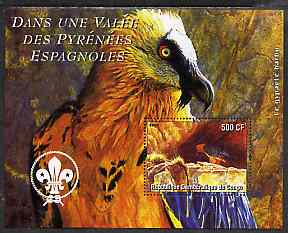 Congo 2004 Birds - Dans Une Valle des Pyrenees Espagnoles perf s/sheet with Scout Logo in background unmounted mint , stamps on birds, stamps on birds of prey, stamps on vulture, stamps on scouts