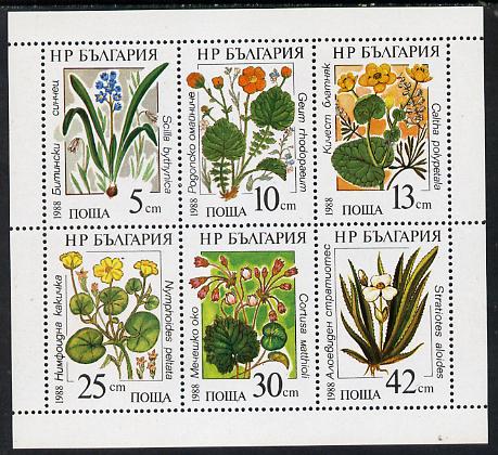 Bulgaria 1988 Marsh Flowers sheetlet containing set of 6, SG 3484-89 (Mi 3628-33), stamps on flowers