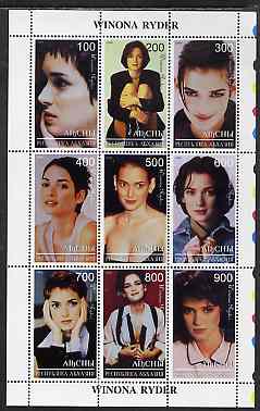 Abkhazia 1999 Winona Ryder perf sheetlet containing 9 values unmounted mint, stamps on women, stamps on personalities, stamps on films, stamps on cinema, stamps on movies