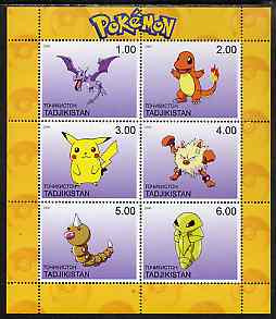 Tadjikistan 2000 Pokemon #9 perf sheetlet containing 6 values unmounted mint , stamps on pokemon, stamps on children, stamps on cartoons, stamps on films, stamps on cinema